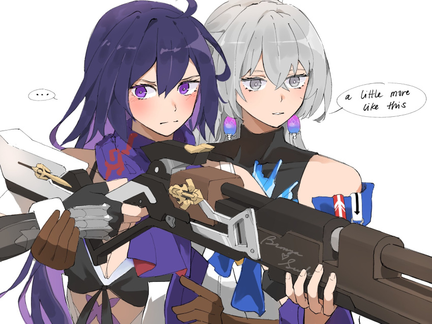 2girls, blush, bronya_rand, english_text, grey_hair, highres, honkai:_star_rail, honkai_(series)