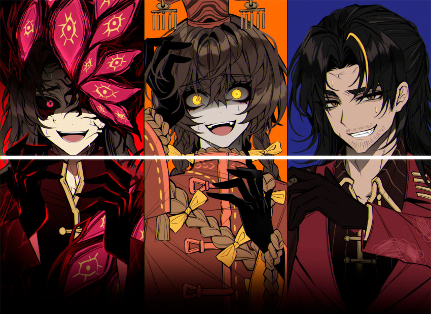 3boys, :d, absurdres, beard_stubble, black_gloves, black_hair, black_sclera, blue_background