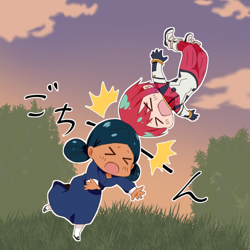 >_<, 2girls, amate_yuzuriha, bindi, black_hair, bodysuit, chibi, closed_eyes