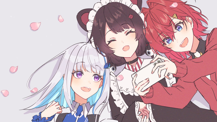 3girls, :d, ^_^, ange_katrina, ange_katrina_(1st_costume), animal_ears, animal_hair_ornament, blue_eyes, blue_hair, blue_neckerchief, brown_collar, brown_hair, brown_kimono, cardigan, cellphone, closed_eyes, collar, colored_inner_hair, crossed_bangs, dog_ears, drop_shadow, fangs, flower, frills, grey_background, hair_between_eyes, hair_flower, hair_intakes, hair_ornament, hands_up, highres, holding, holding_phone, inui_toko, inui_toko_(1st_costume), jacket, japanese_clothes, kimono, light_blush, lize_helesta, lize_helesta_(1st_costume), long_hair, long_sleeves, looking_at_phone, looking_at_viewer, looking_to_the_side, lying, maid_headdress, multicolored_hair, multiple_girls, neckerchief, nijisanji, on_back, open_mouth, own_hands_together, petal_on_head, phone, pink_petals, red_cardigan, red_hair, sanbaka_(nijisanji), sidelocks, smartphone, smile, streaked_hair, talunilu_uu3, teeth, triangle_hair_ornament, upper_teeth_only, violet_eyes, virtual_youtuber, white_hair, white_headdress, white_jacket