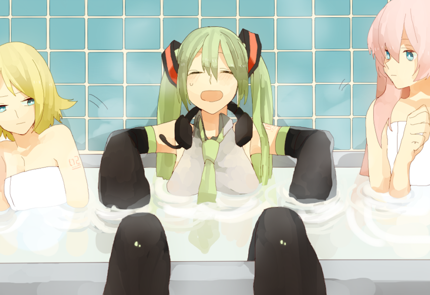 6927mukutuna, aqua_eyes, aqua_hair, bath, blonde_hair, detached_sleeves, hatsune_miku, headphones