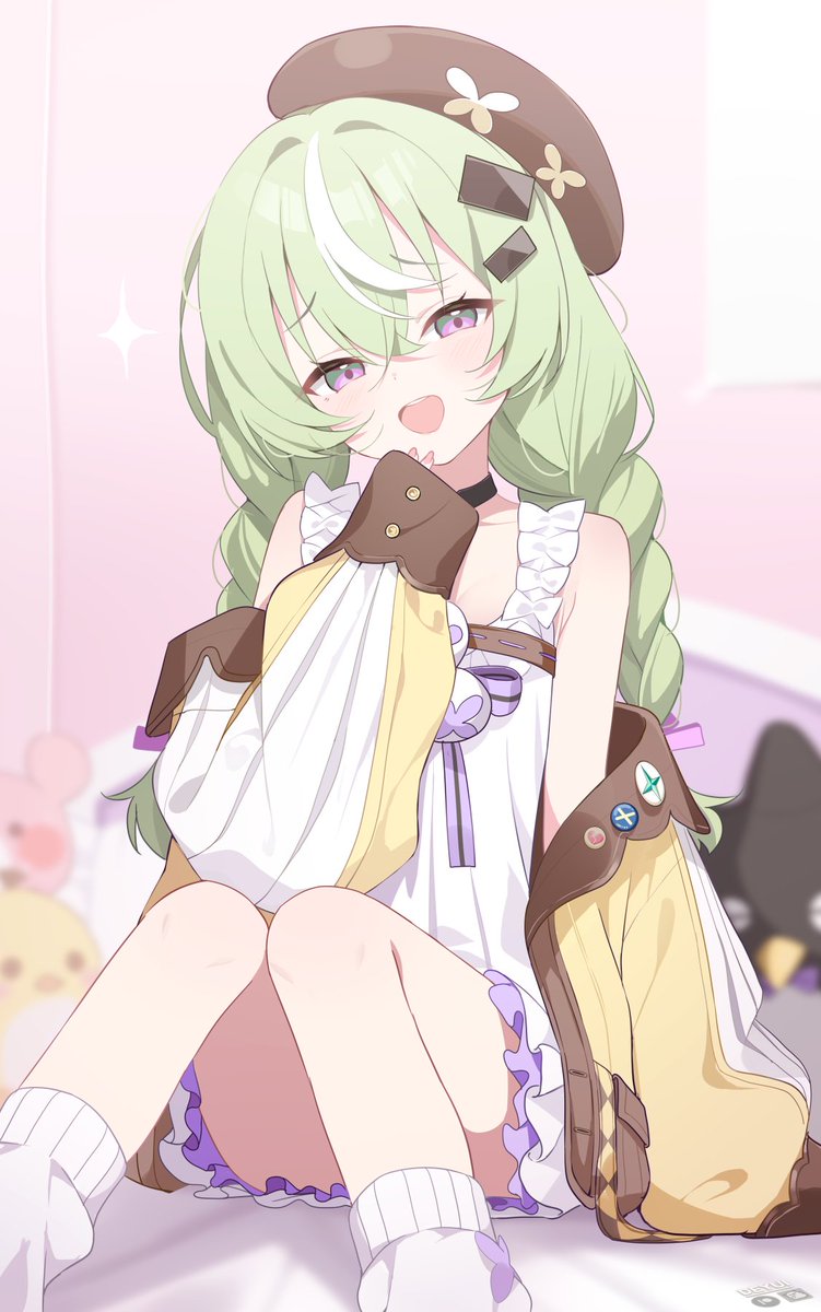 1girl, beret, blurry, blurry_background, braid, commentary, crossed_bangs, deyui