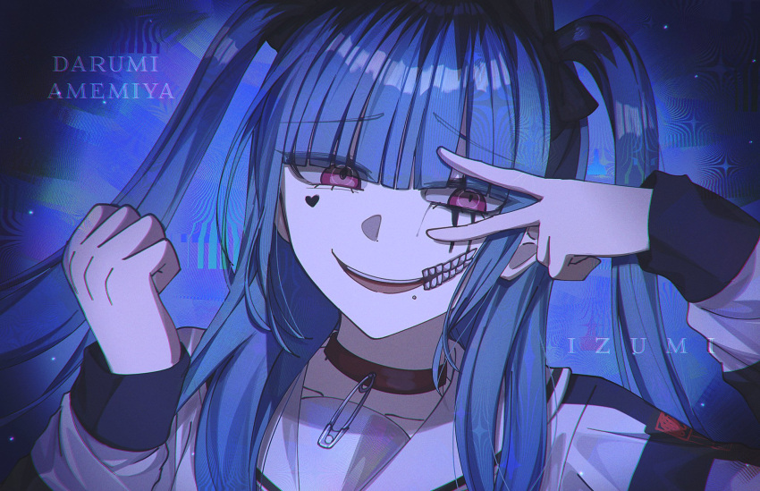 1girl, amemiya_darumi, artist_name, blue_hair, bobby_pin, character_name, choker, facial_mark