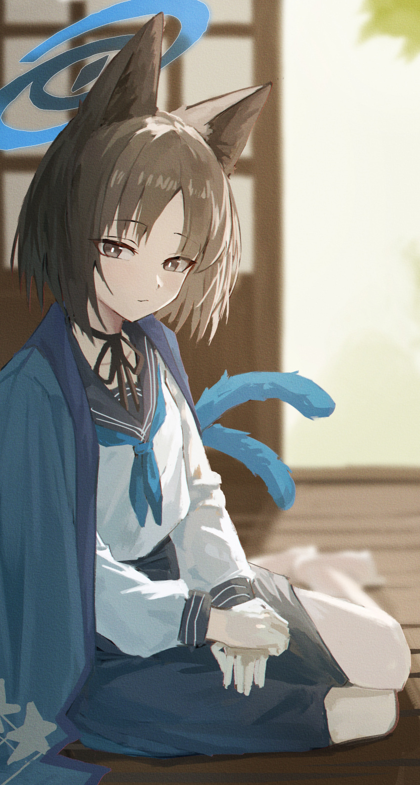 1girl, absurdres, animal_ears, barefoot, black_choker, black_hair, blue_archive, blue_haori