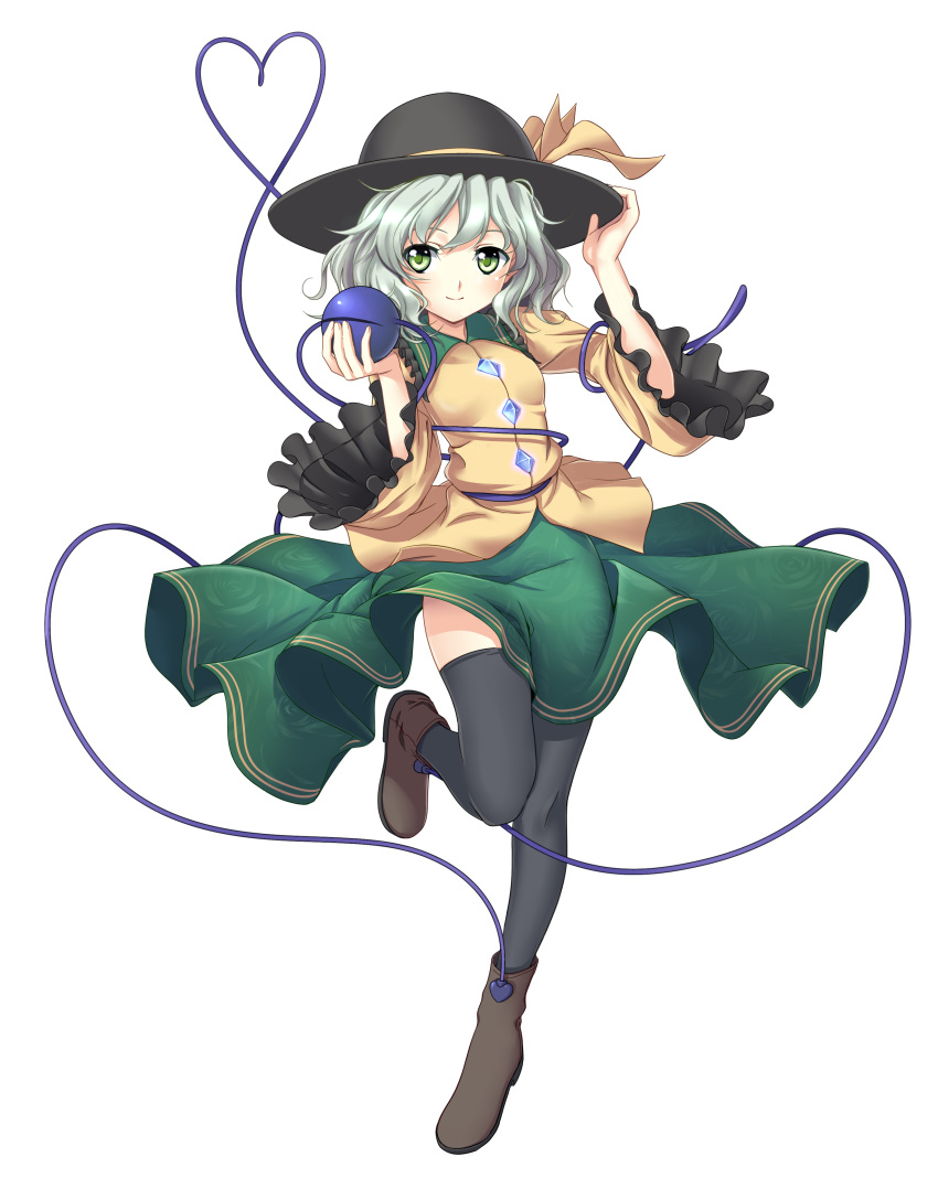 absurdres, black_legwear, black_thighhighs, dress, green_dress, green_eyes, green_hair, hand_on_hat