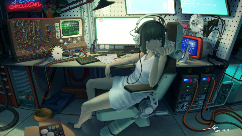 1girl, android, cable, chair, computer, electric_fan, fxx, glasses