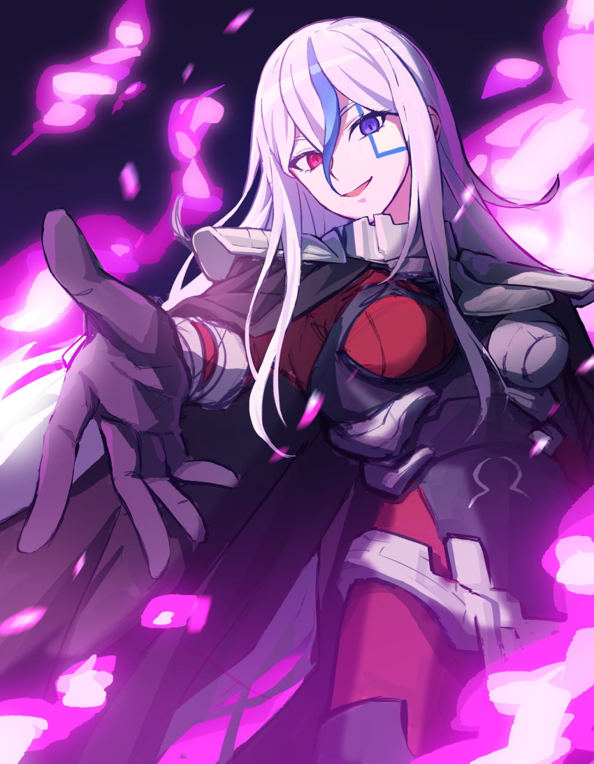 1girl, :d, armor, black_gloves, cape, facial_mark, fire, gloves, hair_between_eyes, heterochromia, highres, long_hair, multicolored_hair, purple_background, purple_fire, qingkiyoshi, red_eyes, shoulder_armor, smile, streaked_hair, the_hundred_line_-last_defense_academy-, v'ehxness, violet_eyes, white_hair