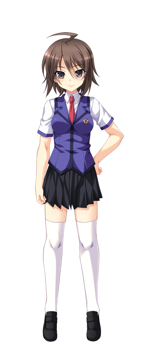 1girl, amagi_nao, aoi_masami, black_skirt, blue_vest, brown_eyes, brown_hair, collared_shirt