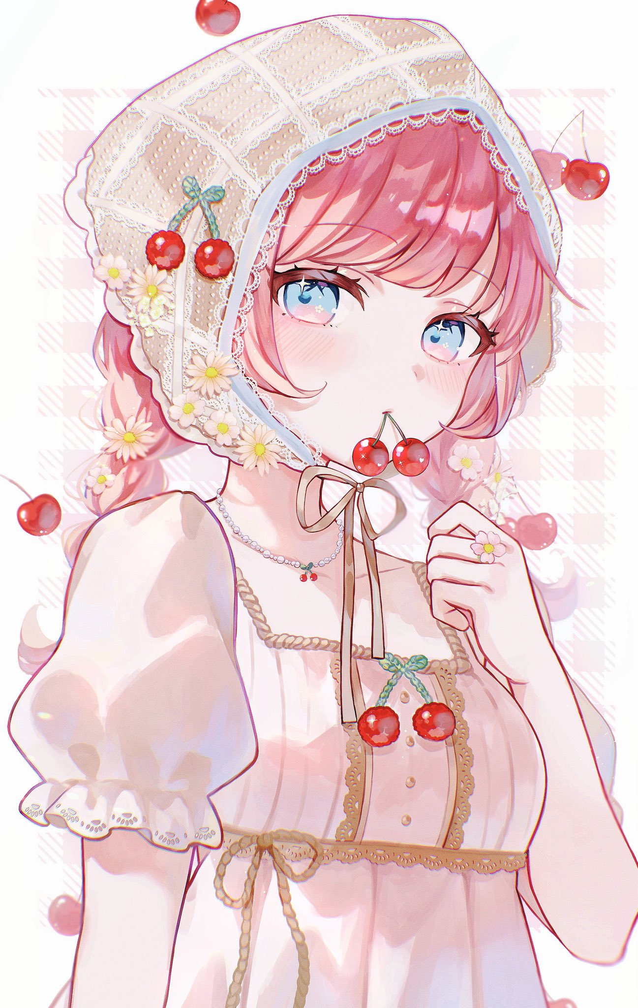1girl, blue_eyes, blush, braid, cherry, closed_mouth, commentary, dress
