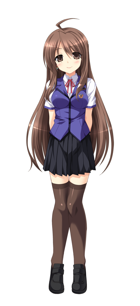 1girl, aoi_masami, black_skirt, black_thighhighs, blue_vest, brown_eyes, brown_hair, closed_mouth