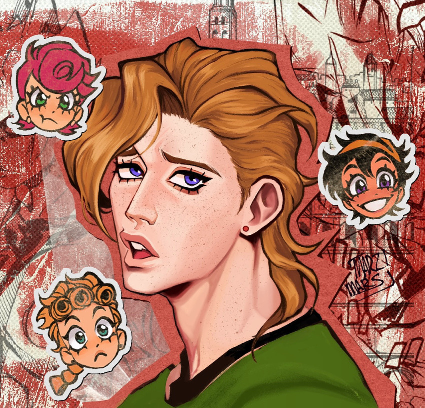 1girl, black_hair, blonde_hair, blue_eyes, braid, clip_studio_paint_(medium), earrings, giorno_giovanna, green_eyes, hairband, jewelry, jojo_no_kimyou_na_bouken, long_hair, male_focus, marzimars, multiple_boys, narancia_ghirga, pannacotta_fugo, pink_hair, pompadour, short_hair, smile, trish_una, vento_aureo, victory_rolls