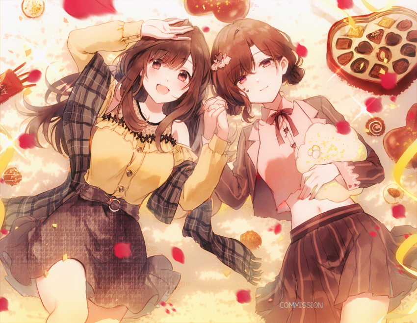 2girls, arm_up, black_jacket, black_shawl, black_skirt, box, box_of_chocolates, breasts