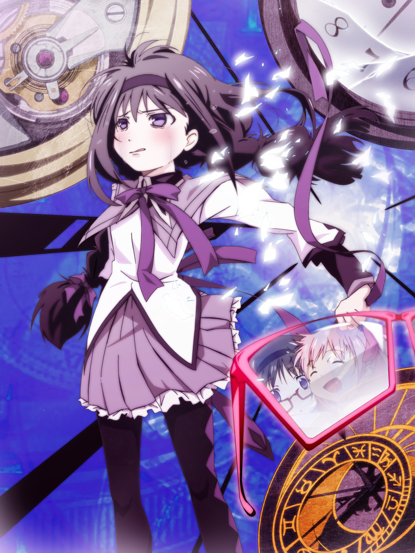 alternate_hairstyle, bad_id, black_hair, cheek-to-cheek, cheek_to_cheek, closed_eyes, eyes_closed, glasses, hair_ribbon, hairband, highres, kaname_madoka, leizero, long_hair, magical_girl, mahou_shoujo_madoka_magica, pantyhose, pink_hair, purple_eyes, red-framed_glasses, ribbon, spoilers, tears, violet_eyes