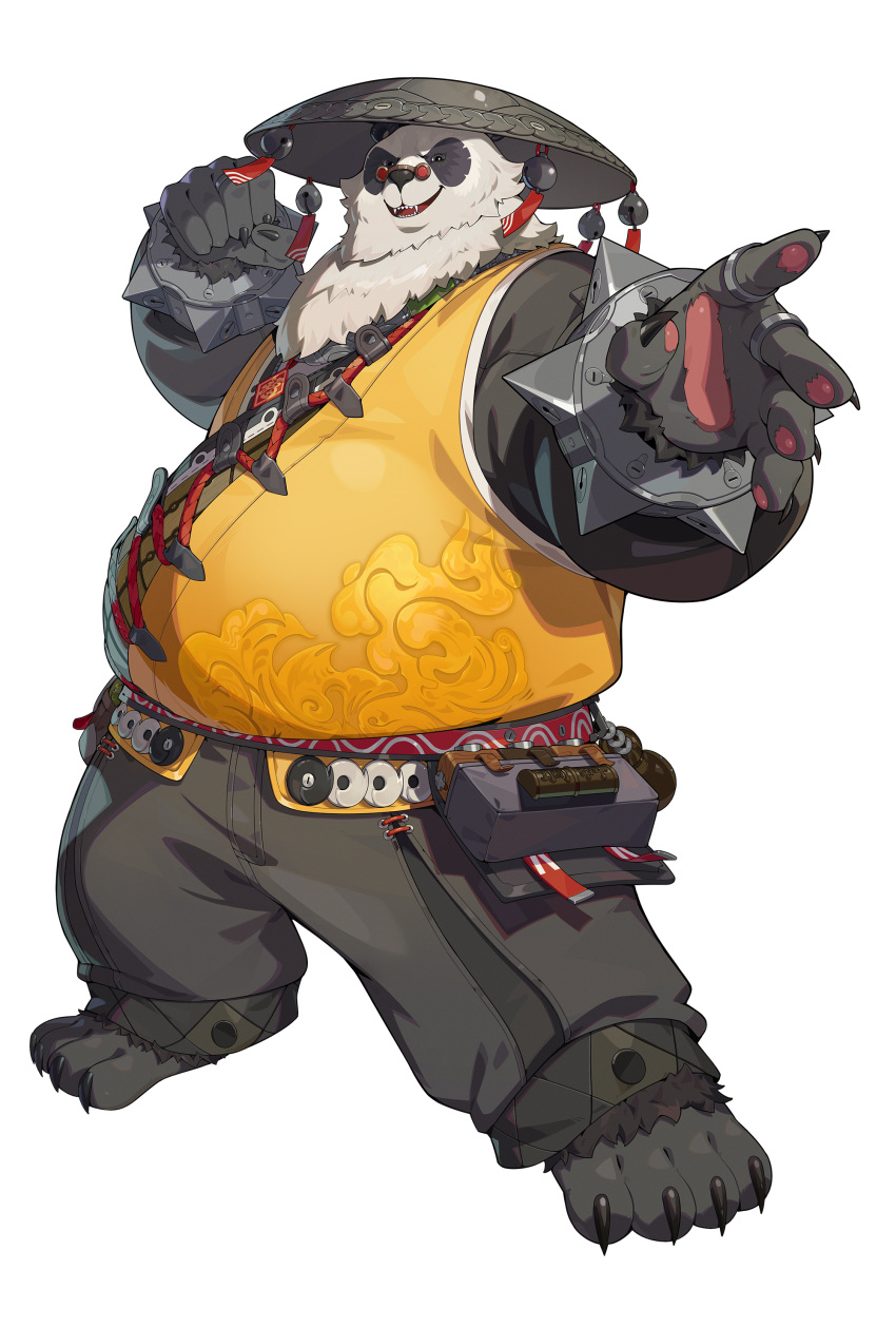 1boy, :d, absurdres, bad_source, black_pants, black_shirt, clenched_hand, conical_hat
