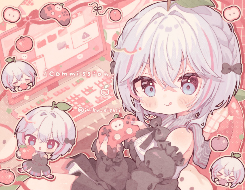 1girl, :q, apple, bare_shoulders, black_bow, black_bowtie, black_dress, blue_eyes