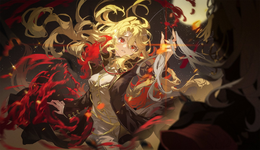 1boy, 1girl, blonde_hair, brown_coat, coat, cowboy_shot, crying, don_quixote_(project_moon), floating_hair, full_moon, gold_trim, hand_up, highres, jacket, la_manchaland's_don_quixote_(project_moon), la_manchaland_(identity)_(project_moon), light_particles, limbus_company, long_hair, moon, open_mouth, pants, project_moon, sancho_(project_moon), sidelocks, sparkle, tokulily, very_long_hair, white_hair, white_jacket, white_pants, wide-eyed