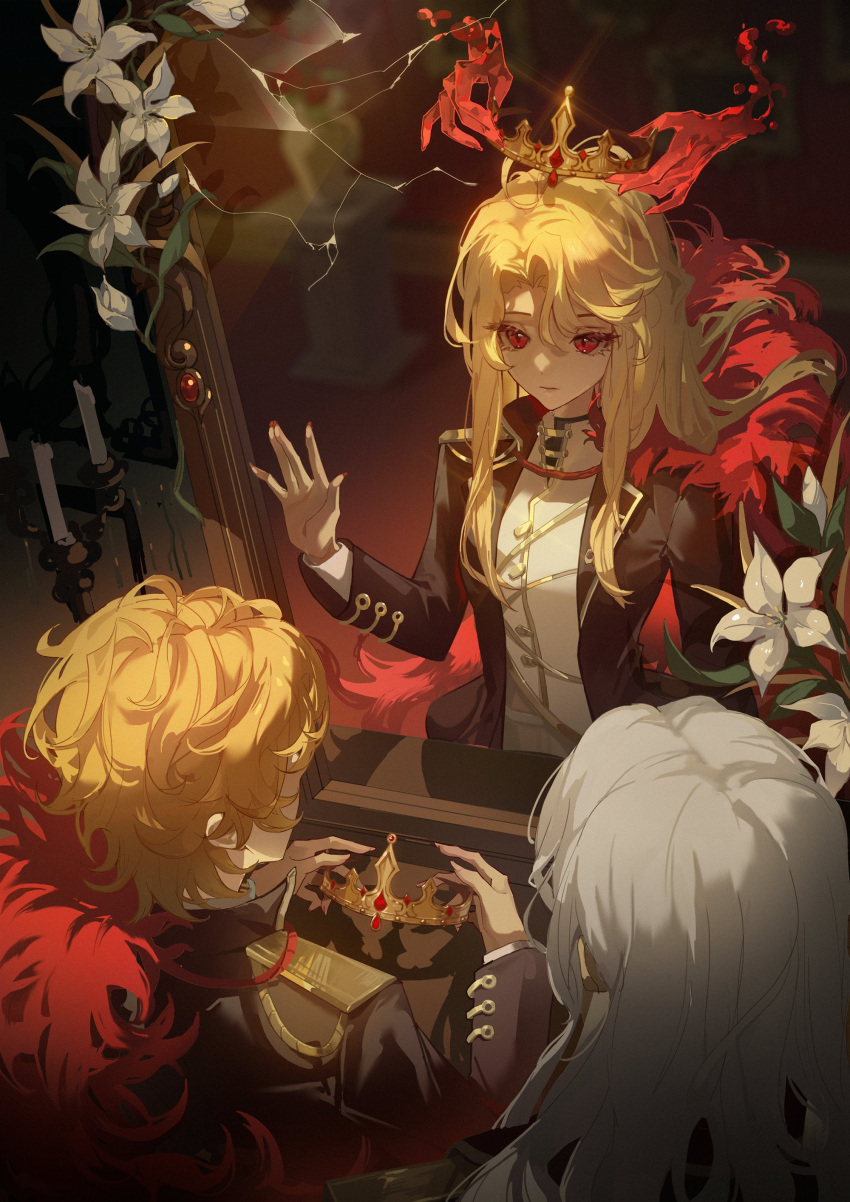 1boy, 1girl, absurdres, black_coat, blonde_hair, brown_coat, coat, crown