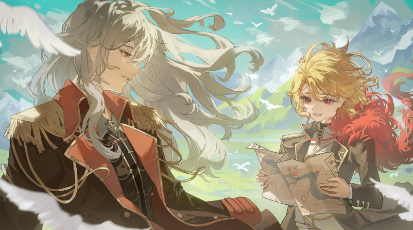 1boy, 1girl, aiguillette, blonde_hair, brown_coat, buttons, coat, day, don_quixote_(project_moon), epaulettes, gold_trim, highres, holding, holding_map, la_manchaland's_don_quixote_(project_moon), lapels, limbus_company, long_hair, map, mountain, notched_lapels, open_mouth, outdoors, project_moon, red_eyes, sancho_(project_moon), short_hair, sidelocks, smile, tokulily, upper_body, white_hair