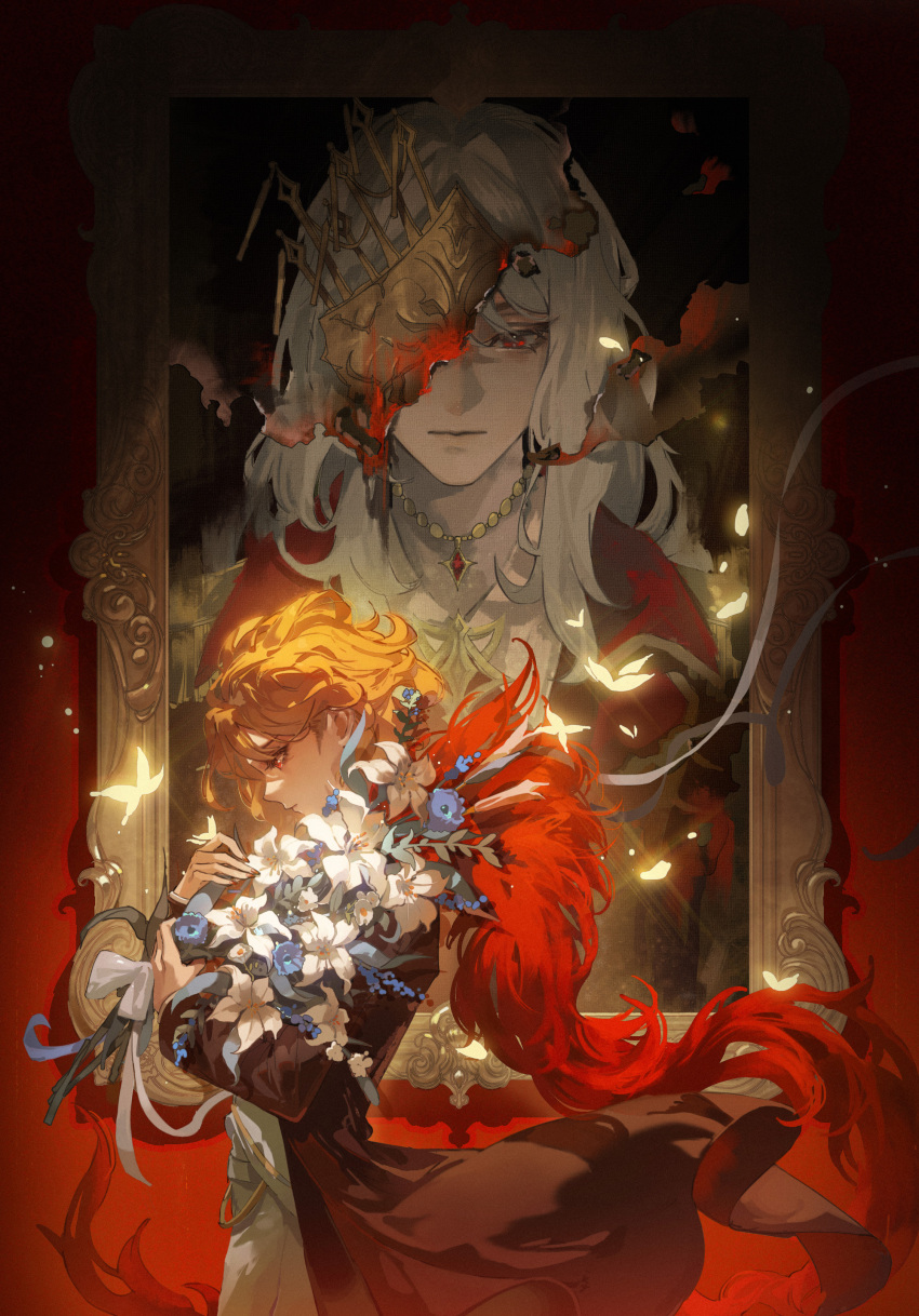 1boy, 1girl, absurdres, black_coat, blonde_hair, blue_flower, bouquet, bug