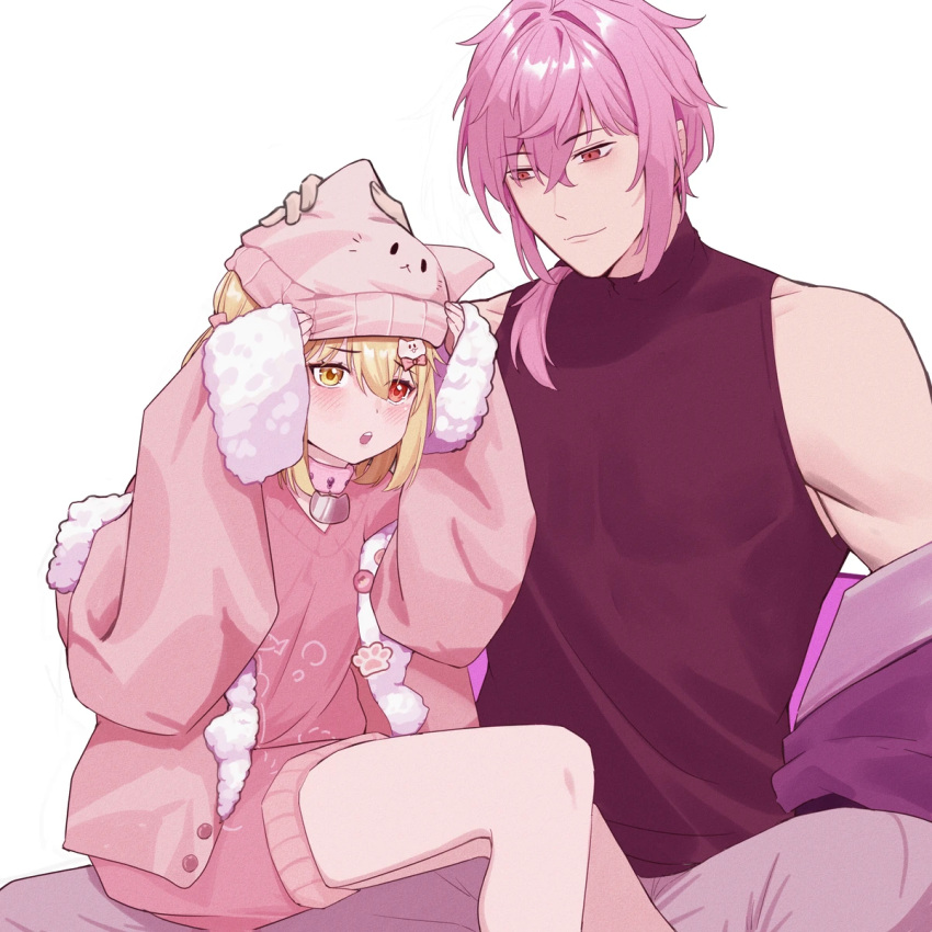 1boy, 1girl, a_pi, animal_collar, animal_hat, bare_shoulders, blush, bow, cat_hair_ornament, cat_hat, collar, commentary_request, flustered, hair_between_eyes, hair_bow, hair_ornament, hairclip, hand_on_another's_head, hat, heterochromia, highres, hpapo, indie_virtual_youtuber, kaofish, legs, long_hair, looking_at_another, low-tied_long_hair, muscular, nightcap, pajamas, pink_hair, pink_sweater, red_eyes, short_hair, simple_background, sitting_on_leg, sleeves_past_wrists, sweater, turtleneck, virtual_youtuber, white_background, wide-eyed, yellow_eyes
