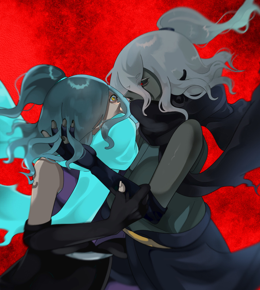 2boys, 4tuk1, absurdres, black_sclera, black_skin, colored_sclera, colored_skin, elbow_gloves