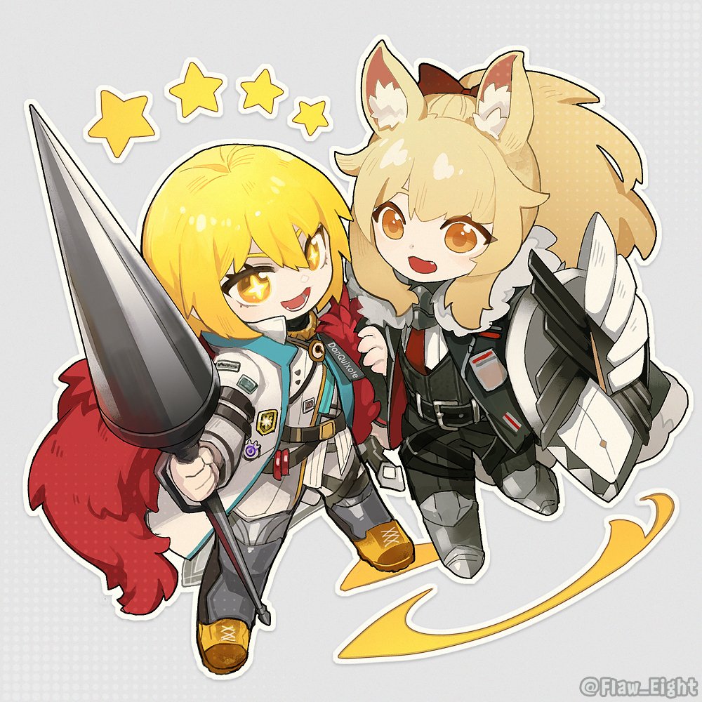 2girls, animal_ears, arknights, armored_boots, belt, black_belt, black_jacket, black_pants