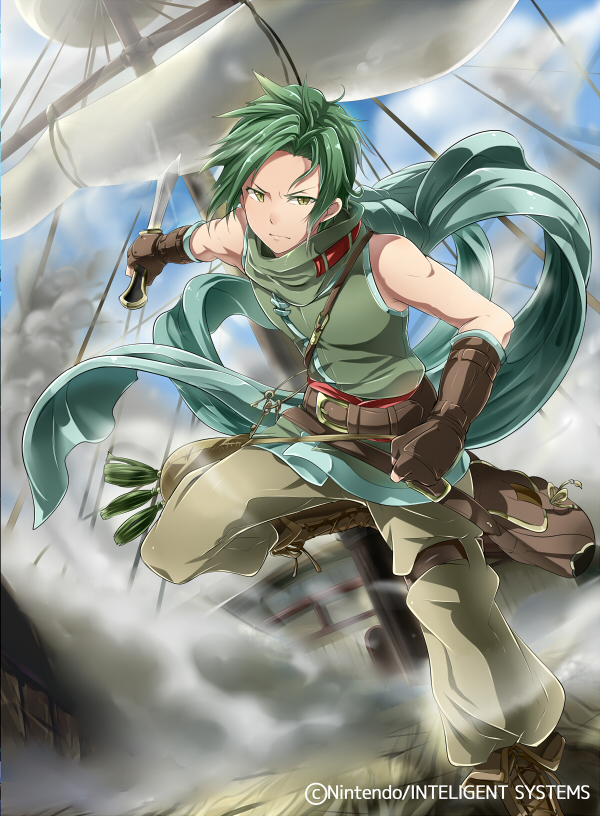 1boy, boots, brown_boots, brown_gloves, clenched_hands, dagger, fingerless_gloves, fire_emblem, fire_emblem:_path_of_radiance, fire_emblem_cipher, fuyuzora_minori, gloves, green_hair, green_vest, holding, holding_dagger, holding_knife, holding_weapon, knife, official_art, sleeveless, sleeveless_vest, sothe_(fire_emblem), vest, weapon, yellow_eyes