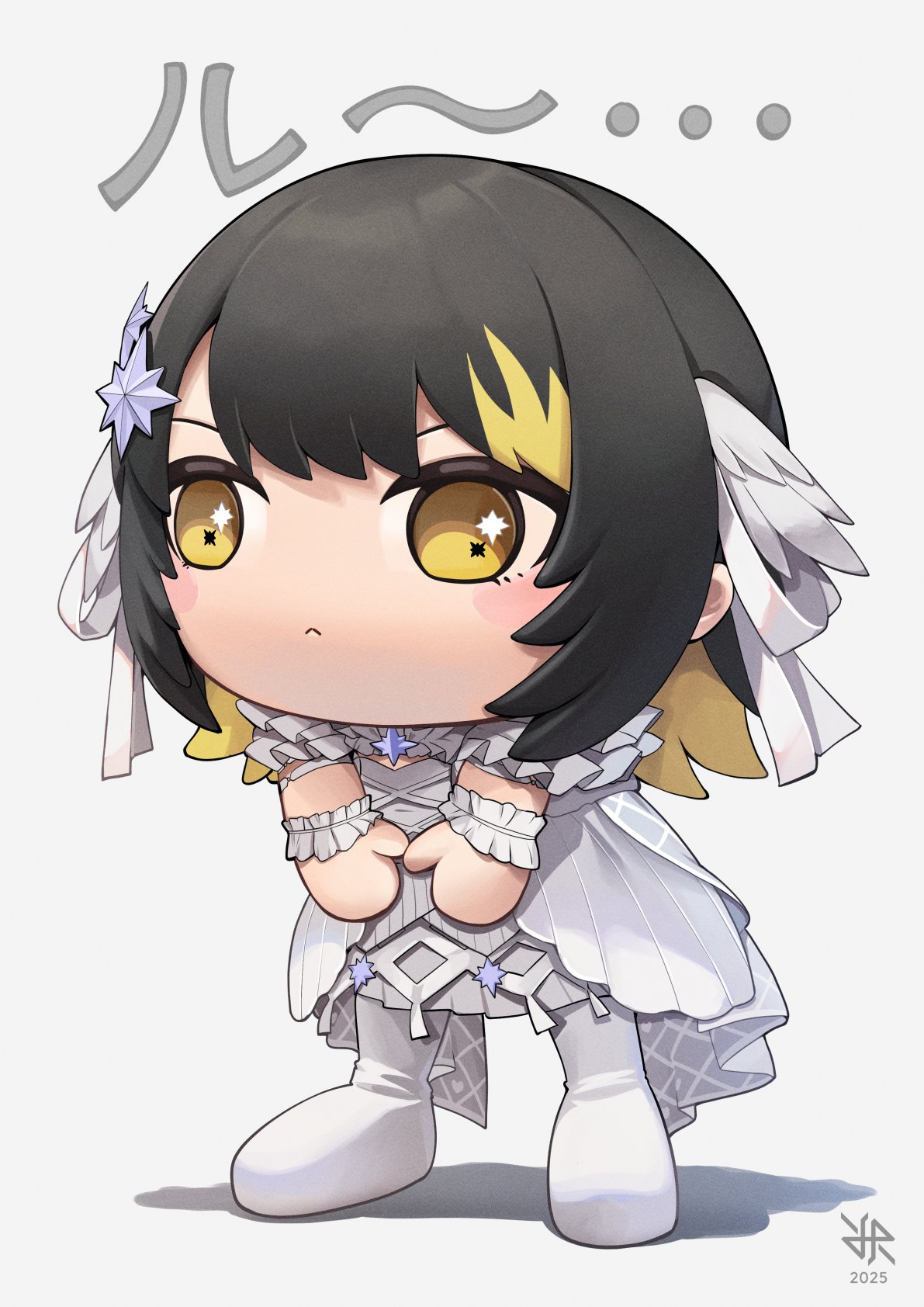 1girl, black_hair, blonde_hair, camellya_mascot_(meme), chibi, chibi_only, dated, dress