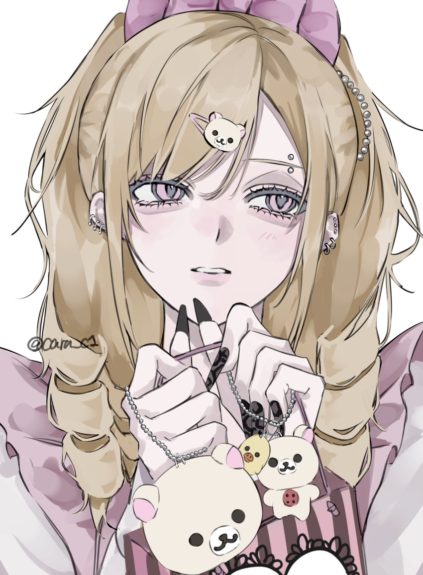 1girl, aegyo_sal, ank_rouge, bag, bear_hair_ornament, black_nails, blonde_hair, blush