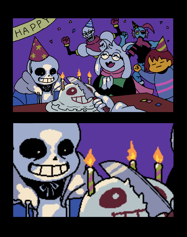 1other, 2023, 2d, 2girls, 2koma, 3boys, ambiguous_gender, anthro, arm_up, armor, arms_up, black_border, black_eyepatch, black_tank_top, blue_jacket, blue_pants, blue_shirt, blue_shorts, blue_skin, border, brothers, brown_hair, cake, candle, cape, character_food, clenched_hand, close-up, colored_sclera, comic, deltarune, digital_media, ear_fins, eyepatch, female, fins, fish, fish_girl, frisk_(undertale), furry, furry_female, furry_male, gloves, head_fins, high_ponytail, hood, hood_down, hooded_jacket, human, humanoid, in-franchise_crossover, jacket, knife, long_hair, male, male_focus, monster, monster_boy, monster_girl, multiple_boys, oekaki, oo_rollo, open_jacket, out_of_frame, pants, papyrus_(undertale), party_hat, pink_stripes, ponytail, ralsei, red_cape, red_gloves, red_hair, sans_(undertale), sharp_teeth, shirt, short_hair, shorts, siblings, silent_comic, skeleton, slit_pupils, striped_clothes, striped_shirt, sunglasses, tank_top, teeth, toriel, undead, undertale, undyne, utdr_(toby_fox), white_armor, white_shirt, yellow_sclera, yellow_teeth