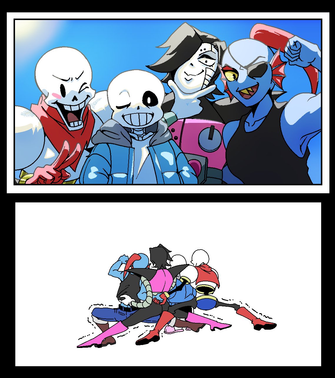 1girl, 2022, 2d, 2koma, 3boys, android, anthro, armor, back, black_border, black_eyepatch, black_hair, black_shorts, blue_jacket, blue_shorts, blue_skin, boots, border, brothers, cape, clenched_hand, clothes_grab, colored_sclera, comic, day, digital_media, ear_fins, eyepatch, female, fins, fish, fish_girl, from_behind, gloves, group_photo, hair_over_one_eye, hand_on_own_chin, head_fins, height_difference, high_heel_boots, high_ponytail, holding_hands, hood, hood_down, hooded_jacket, humanoid, humanoid_robot, jacket, l_hand, long_hair, looking_at_viewer, male, mettaton, mettaton_ex, monster, monster_boy, monster_girl, multiple_boys, oekaki, one_eye_closed, oo_rollo, open_clothes, open_jacket, open_mouth, papyrus_(undertale), ponytail, red_cape, red_gloves, red_hair, robot, robot_boy, sans_(undertale), sharp_teeth, shirt, short_hair, shorts, siblings, silent_comic, simple_background, skeleton, sky, slit_pupils, squatting, standing, striped_shorts, teeth, trembling, trembling_legs, undead, undertale, undyne, utdr_(toby_fox), v, white_armor, white_background, white_border, white_gloves, white_shirt, white_stripes, yellow_sclera, yellow_teeth