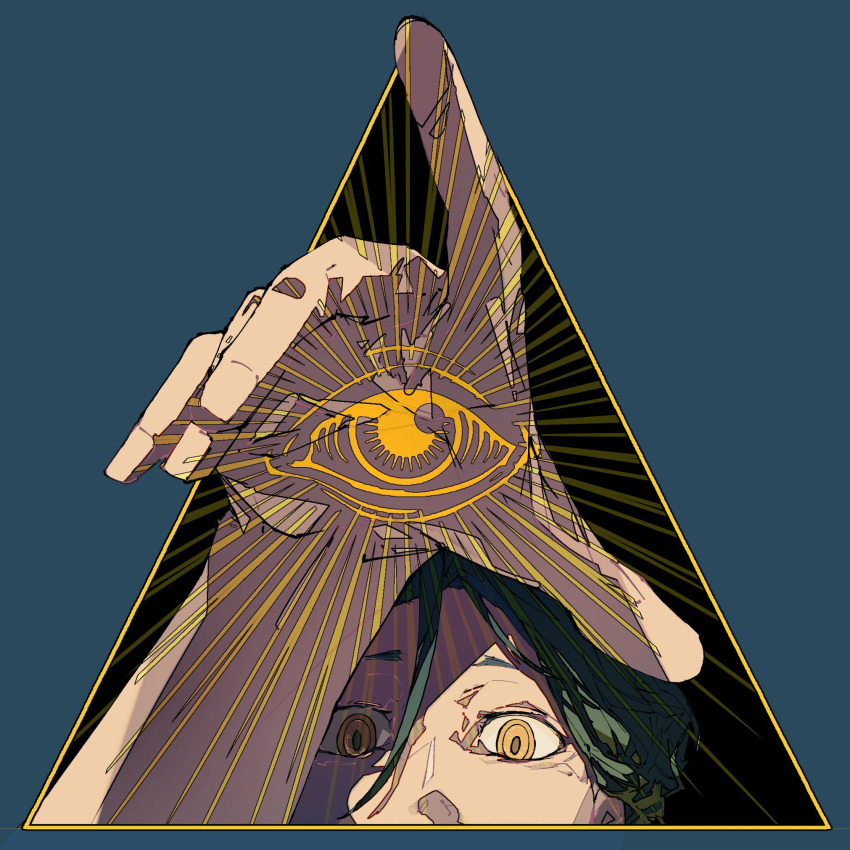 1boy, arm_up, blue_background, commentary_request, disembodied_eye, eye_of_providence, green_hair, hair_between_eyes