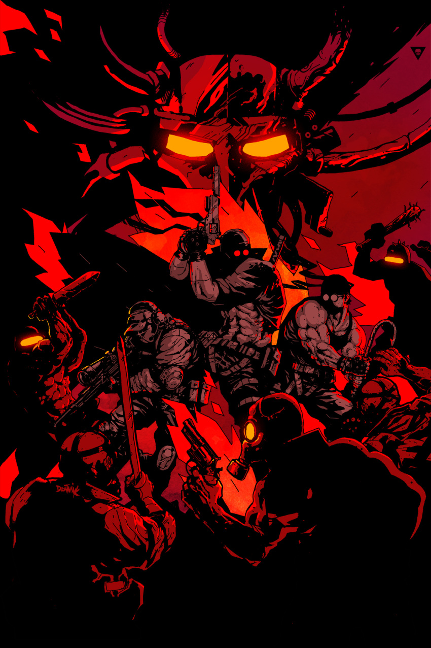 deathink, deimos_(madness_combat), glowing_glasses, gun, handgun, hank_j._wimbleton, highres, madness_combat