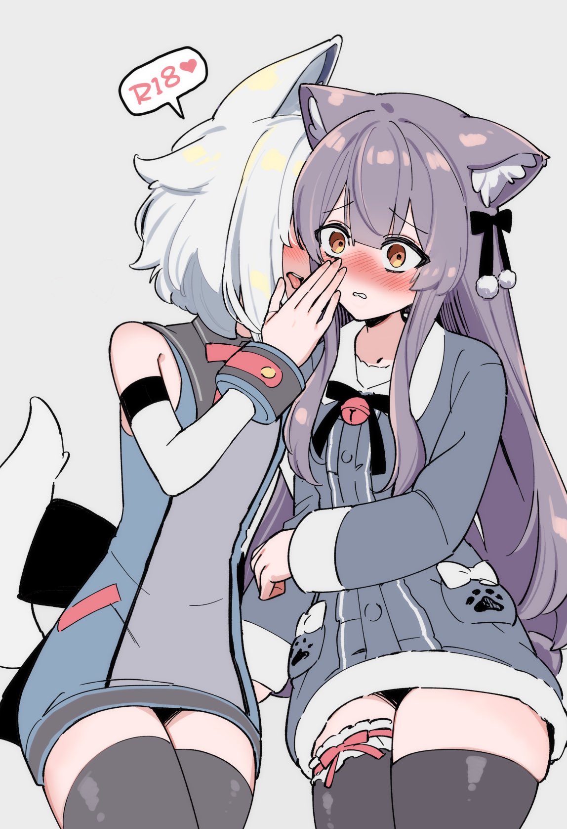 2girls, animal_ear_fluff, animal_ears, black_thighhighs, blush, bow, cat_ears, cat_girl