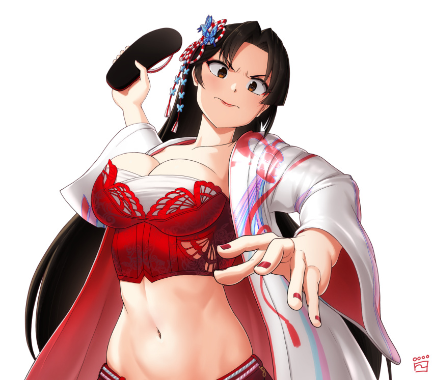 1girl, breasts, brown_eyes, fatal_fury, finalcake, glaring, hair_ornament, haori