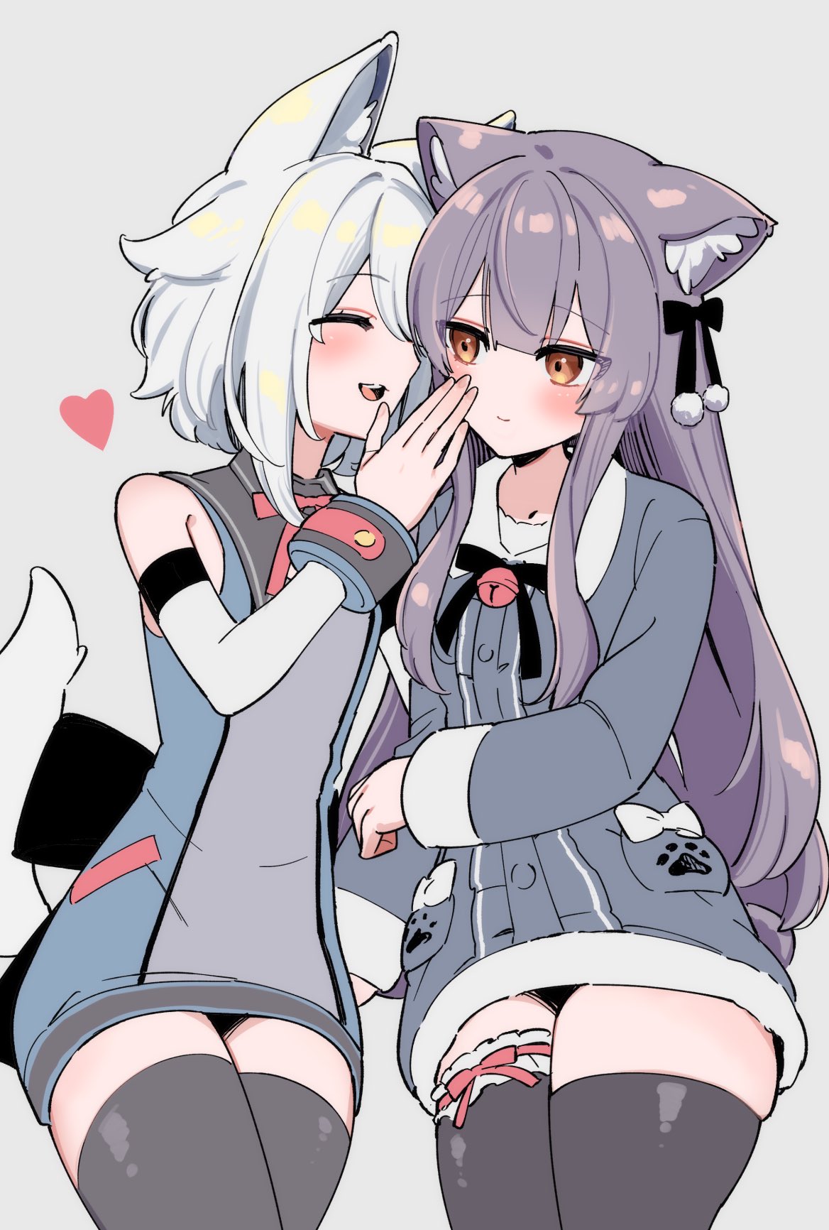 2girls, animal_ear_fluff, animal_ears, bell, black_bow, black_thighhighs, blue_dress, blush