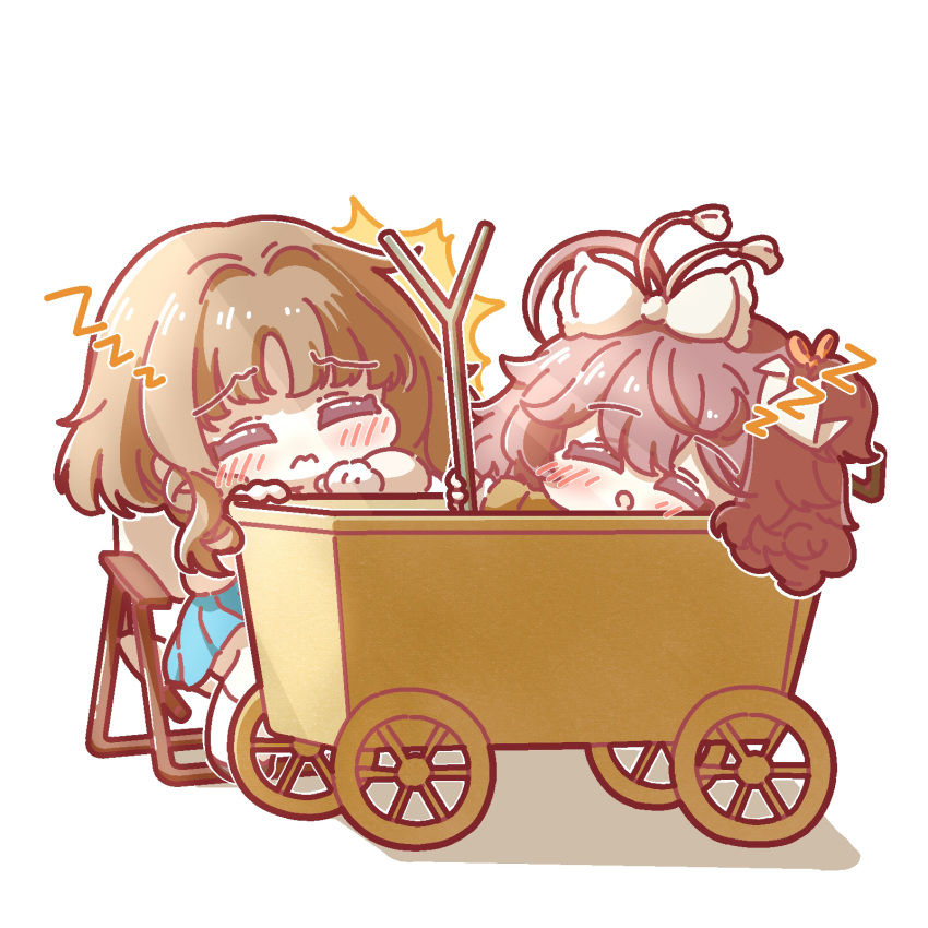 2girls, ahoge, blue_dress, bow, brown_hair, chibi, closed_eyes, cradle