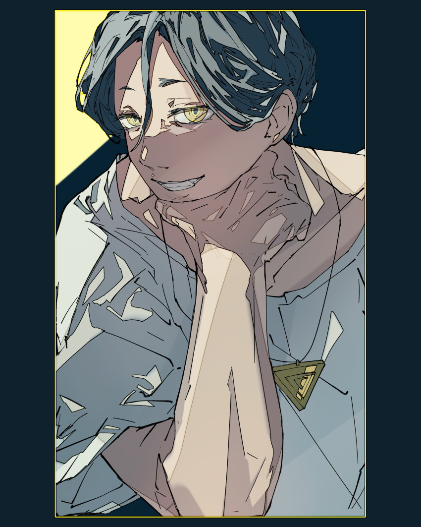 1boy, absurdres, blue_hair, hair_between_eyes, hand_on_own_chin, hand_up, highres, jewelry