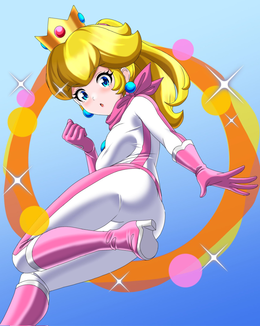 1girl, :o, belt, biker_clothes, biker_peach, bikesuit, blonde_hair, blue_background