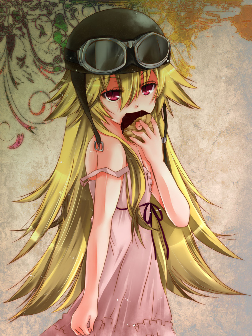bakemonogatari, blonde_hair, doughnut, dress, eating, food, goggles, goggles_on_head
