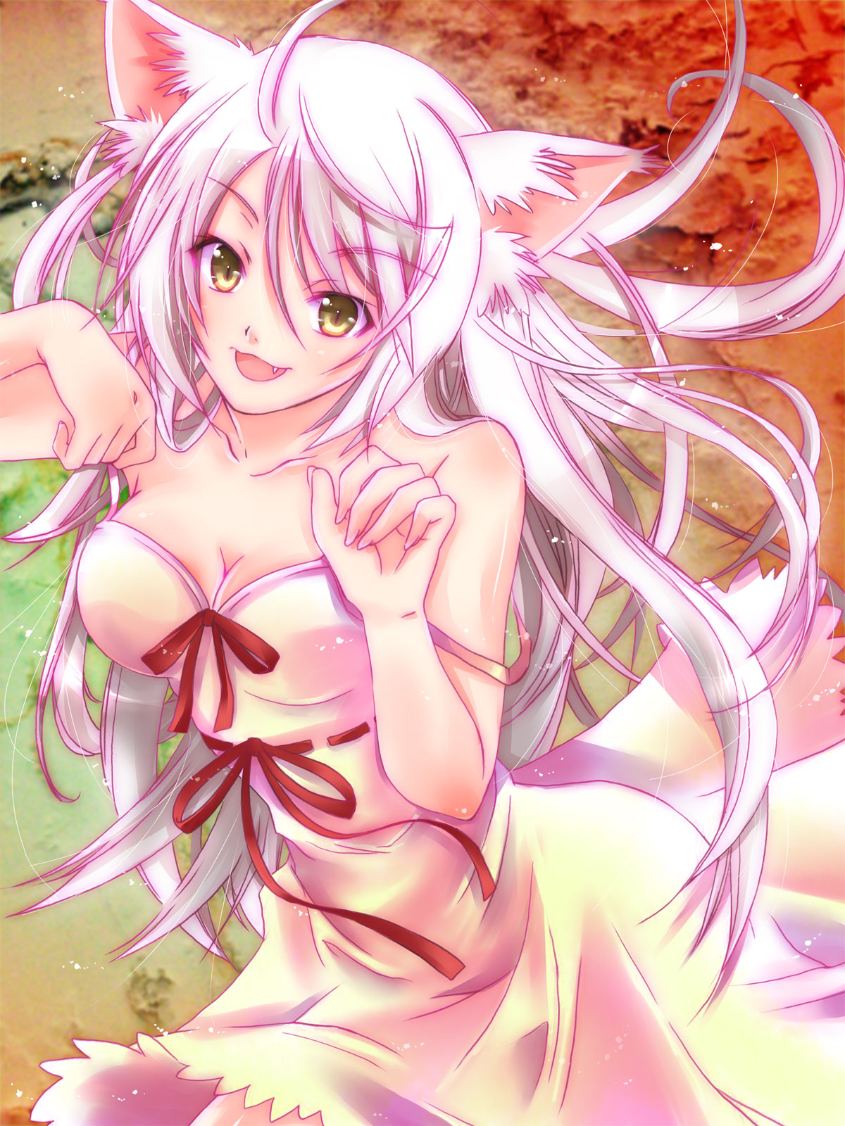 1girl, bakemonogatari, bare_shoulders, breasts, cat_ears, cat_pose, chemise, cleavage