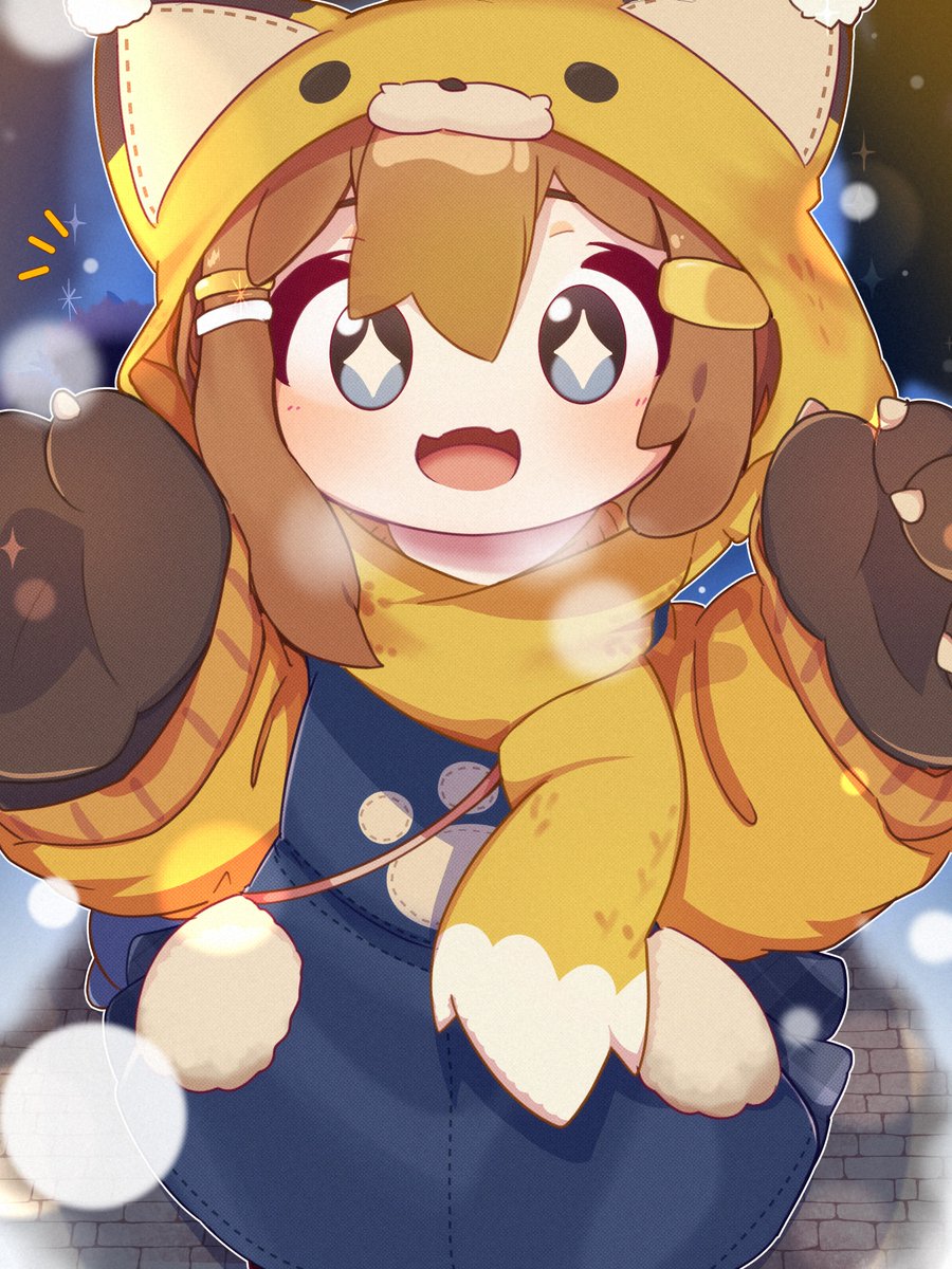 +_+, 1girl, :d, alternate_costume, animal_ears, animal_hands, animal_hood, anmitsu46