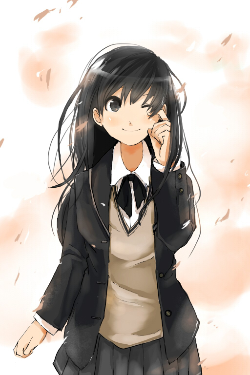 1girl, amagami, ayatsuji_tsukasa, black_eyes, black_hair, ken_(pardon?), long_hair, rubbing_eyes, school_uniform, smile, solo, sweater, wink