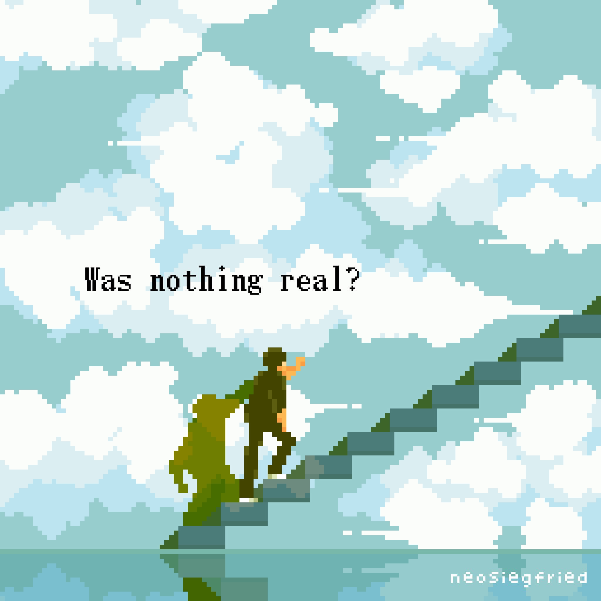 1boy, clouds, cloudy_sky, english_text, from_behind, hand_on_wall, highres, on_stairs, onlypixeeels, pixel_art, reflective_floor, scenery, shadow, sky, solo, the_truman_show, walking