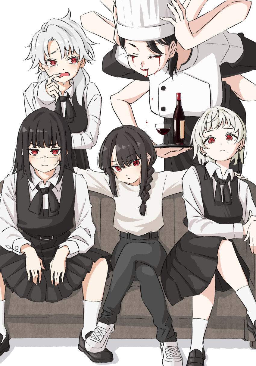 5girls, apron, black_apron, black_dress, black_hair, black_pants, black_shoes, blood