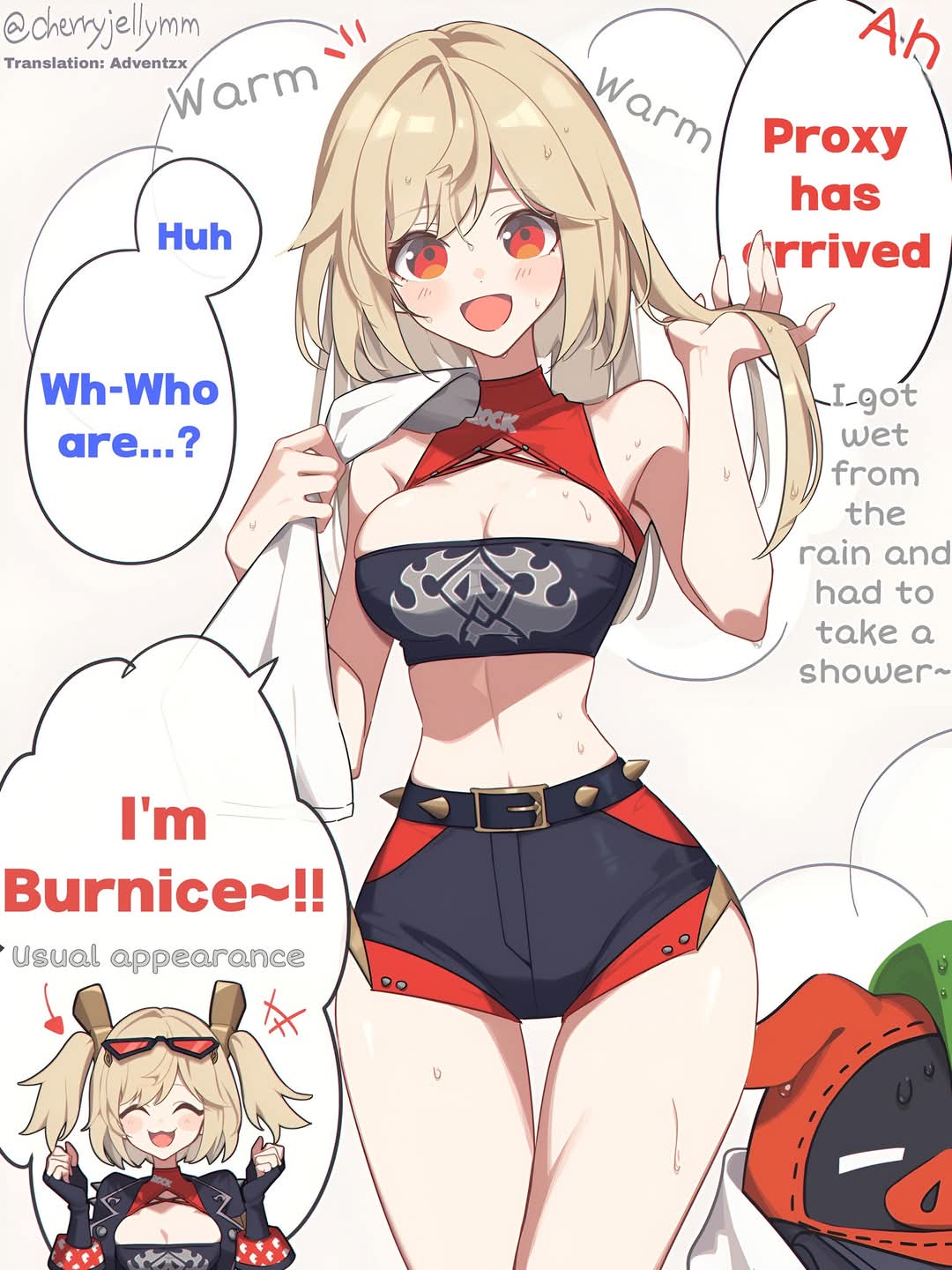 1girl, burnice_white, hair_ornament_removed, medium_hair, red_moccus_(zenless_zone_zero), short_shorts, zenless_zone_zero