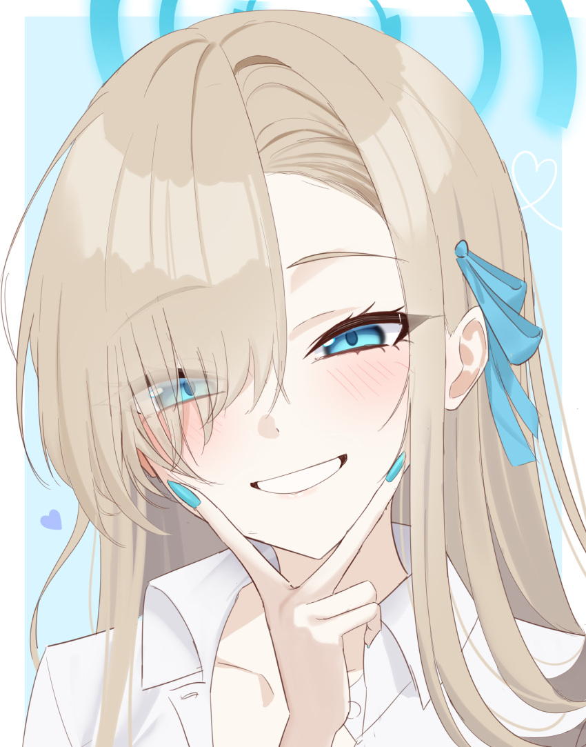 1girl, absurdres, asuna_(blue_archive), asuna_(school_uniform)_(blue_archive), blonde_hair, blue_archive, blue_eyes, blue_nails, blue_ribbon, blush, eyes_visible_through_hair, grin, hair_over_one_eye, hair_ribbon, highres, long_hair, looking_at_viewer, mokomoko_system, official_alternate_costume, ribbon, shirt, sidelocks, smile, solo, upper_body, v, v_over_mouth, white_shirt