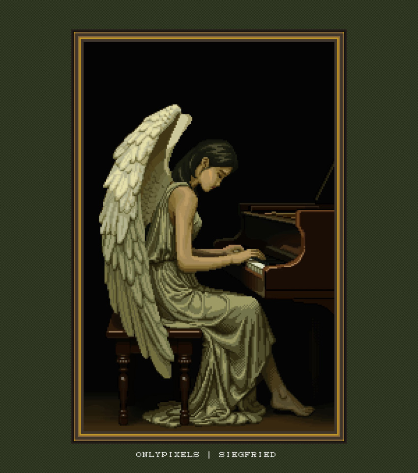 1girl, black_hair, border, closed_eyes, english_text, feathered_wings, from_side, grand_piano