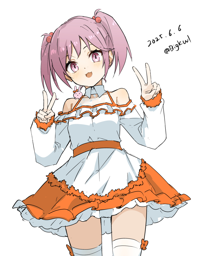 1girl, absurdres, anniversary, bigkwl, cowboy_shot, dated, double_v, dress, hair_bobbles, hair_ornament, highres, kantai_collection, long_sleeves, looking_at_viewer, medium_hair, official_alternate_costume, open_mouth, pink_eyes, pink_hair, rabbit, sazanami_(12th_anniversary)_(kancolle), sazanami_(kancolle), smile, solo, thigh-highs, twintails, twitter_username, v, white_background, white_dress, white_thighhighs