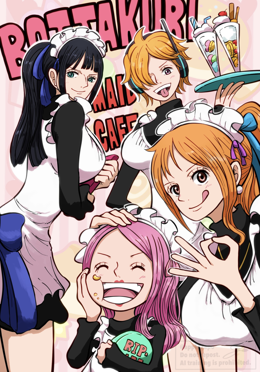 4girls, apple7apo, apron, black_hair, breasts, brown_eyes, earphones, food